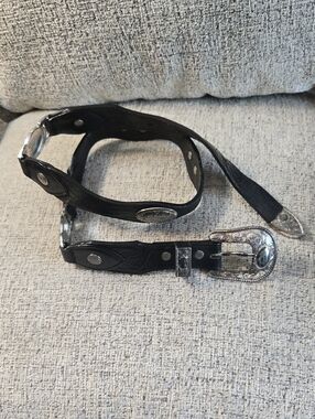 Vintage Black Western Leather Belt with Silverplated Buckle 31" To 35"  Conchos